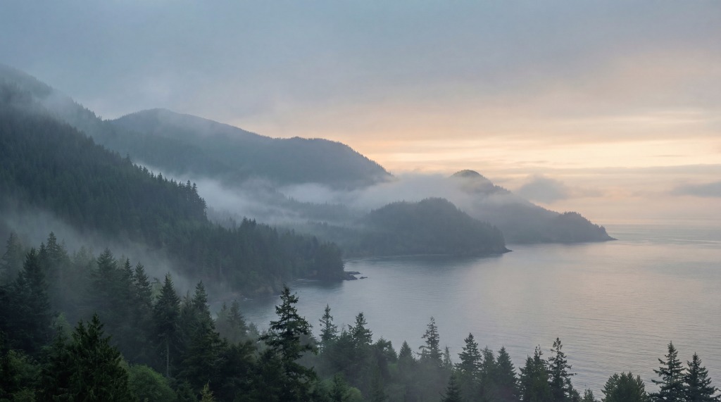 Misty Pacific Northwest mountains and water